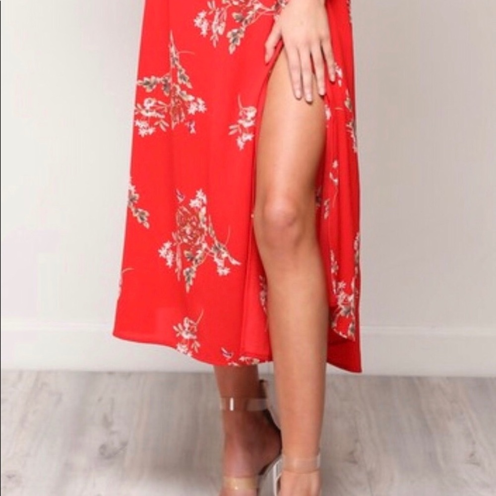 Off Shoulder Floral Wrap Butterfly Red Midi Dress - Picture 5 of 9